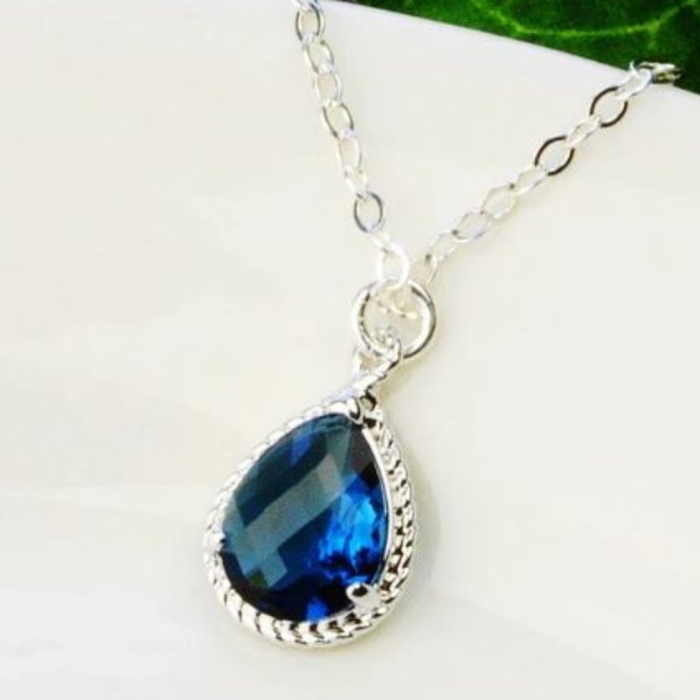 Blue crystal pendant 22" necklace in sterling silver from Etsy - new